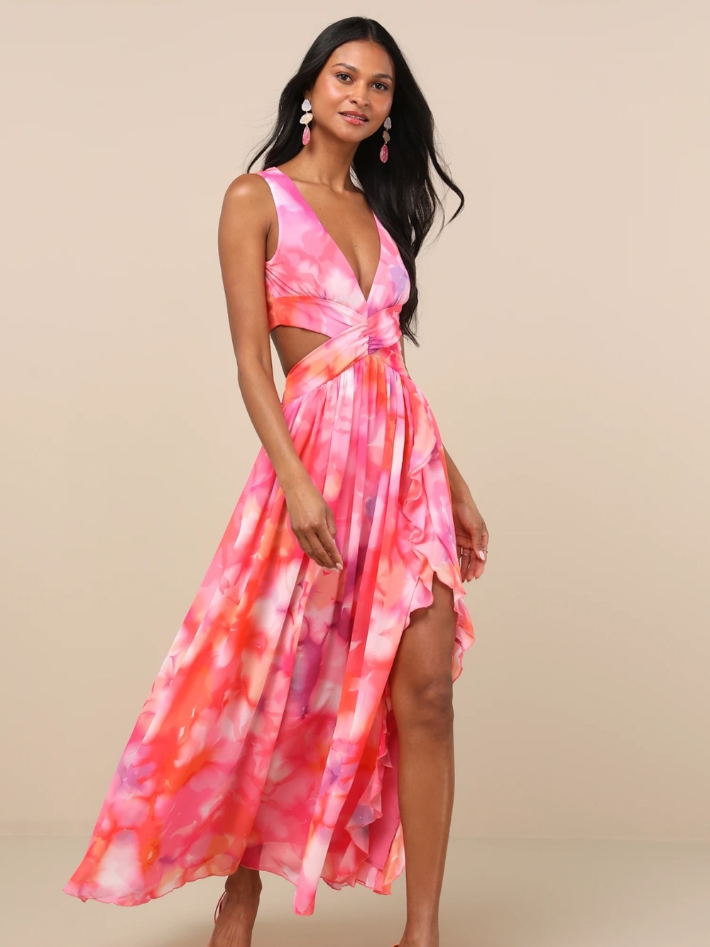 Lulus Elisanna Pink Multi Floral Lace-Up Midi Dress